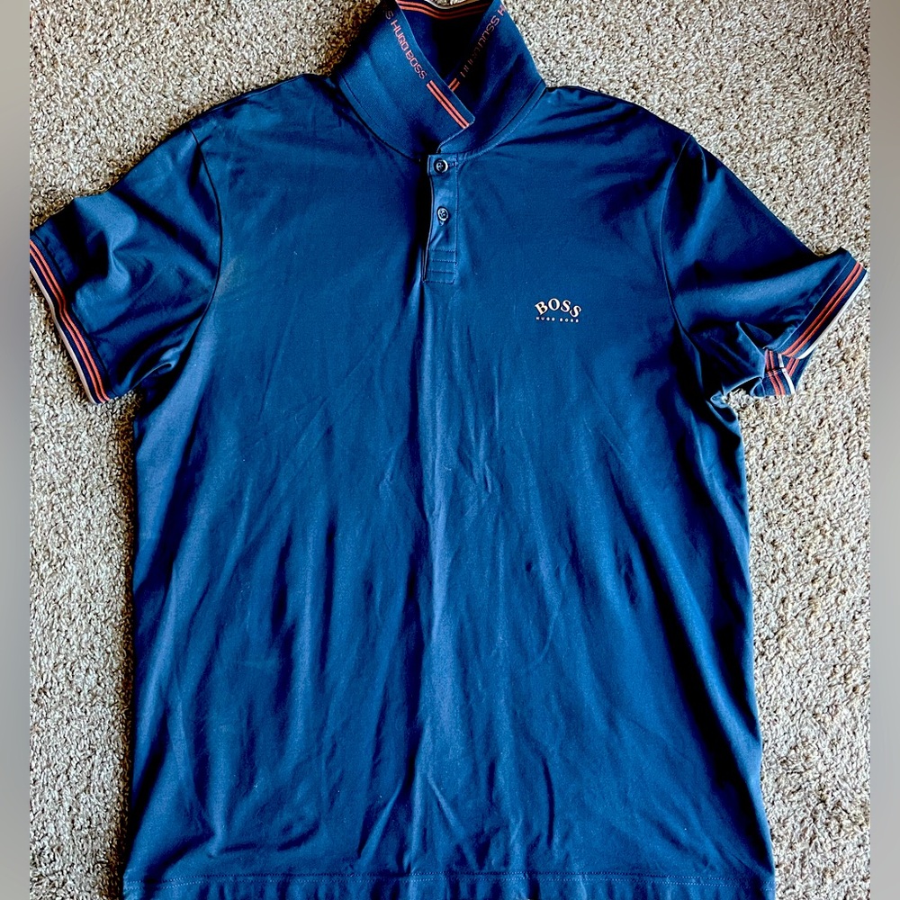 Hugo Boss Polo Shirt. Navy Blue/Bronze. Size 2XL Slim Fit.
